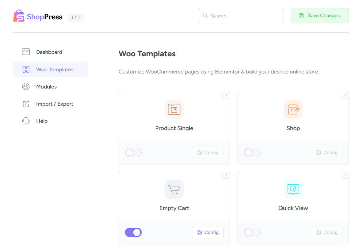 Enabling Empty Cart Template in Settings -> Woo Templates